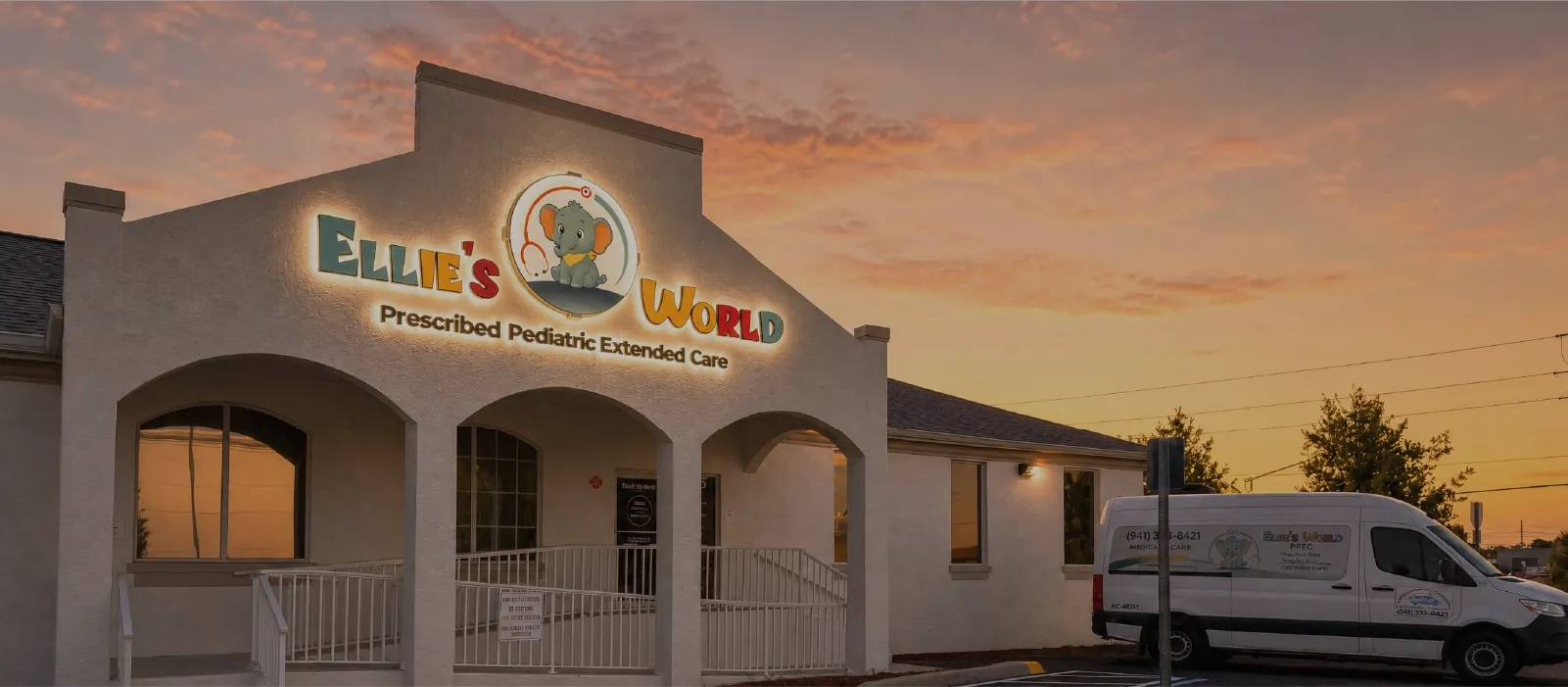 The Ellie's World PPEC center in Port Charlotte, Florida, lit at sunset